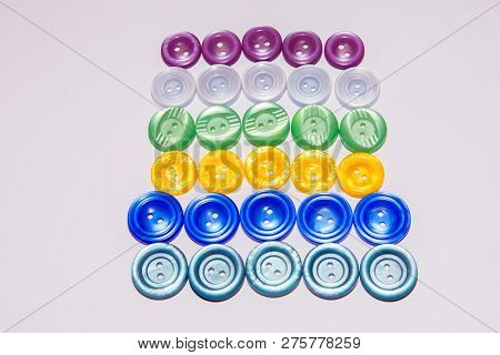 Collection Of Various Buttons For Clothes Repair. Set Of Colored Buttons. Isolated.