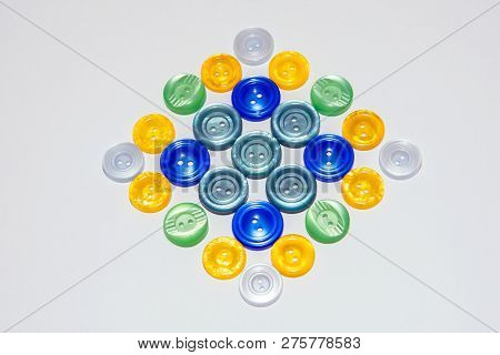 Collection Of Various Buttons For Clothes Repair. Set Of Colored Buttons. Isolated.