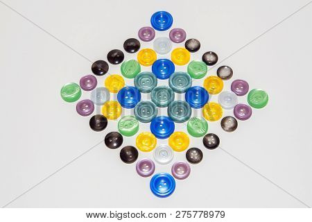 Collection Of Various Buttons For Clothes Repair. Set Of Colored Buttons. Isolated.