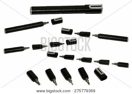 Universal Screwdriver Handle With Replaceable Tips. Screwdriver Set: Flat And Cross. Isolated.