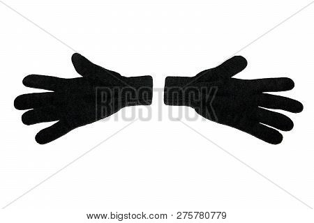 A Pair Of Grey Winter Knitted Gloves. Horizontally. On White Background. The View From The Top. Isol