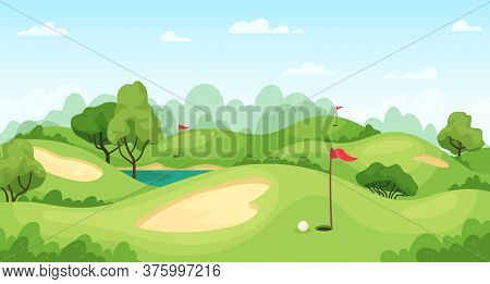 Golf Course. Green Landscape With Flags And Sand Ground, Golf Cart On Lawn, Course For Tournament Ga