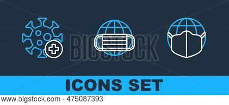 Set Line Earth With Medical Mask, Positive Virus And Icon. Vector