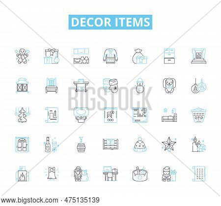 Decor Items Linear Icons Set. Vase, Pillow, Lamp, Rug, Tablecloth, Shelves, Arrk Line Vector And Con