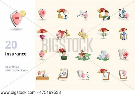 Insurance Set. Creative Icons: Medical Insurance, Accident Insurance, Travel Insurance, Family Insur