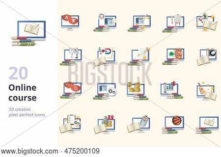 Online Course Set. Creative Icons: Language Classes, Programmer Course, Design Course, Art Course, M