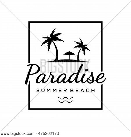 Beach Summer Vacation Creative Logo Template With Waves, Palm Trees And Surf Board Symbols In Retro