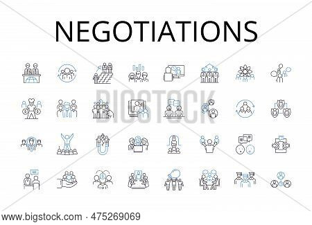 Negotiations Line Icons Collection. Bargaining Session, Business Deal, Exchange Talks, Diplomatic Di