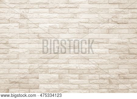 Empty Background Of Wide Cream Brick Wall Texture. Beige Old Brown Brick Wall Concrete Or Stone Text