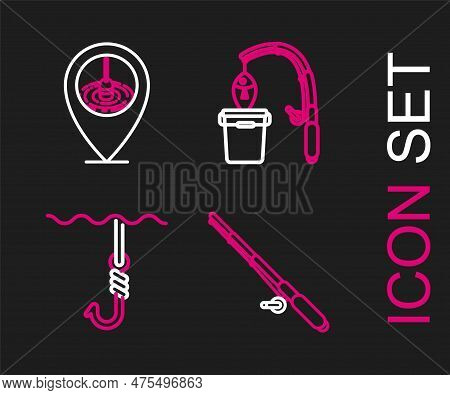 Set Line Fishing Rod, Hook Under Water, And Fish And Location Fishing Icon. Vector