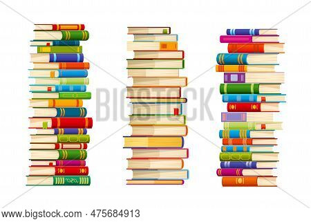 High Book Stacks Or Pile, Library Textbooks And School Literature Heaps, Isolated Vector. Book Stack