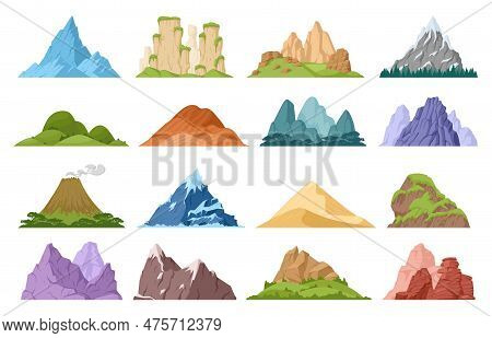 Cartoon Mountains, Hill Tops And Mountain Snowy Peak. Outdoor Expedition Or Hiking, Nature Landscape