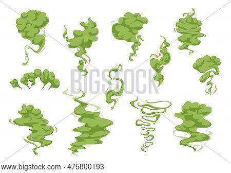 Cartoon Green Bad Smell, Stinky Smoke Clouds, And Toxic Steam. Vector Stench Or Stink, Fume Trails, 