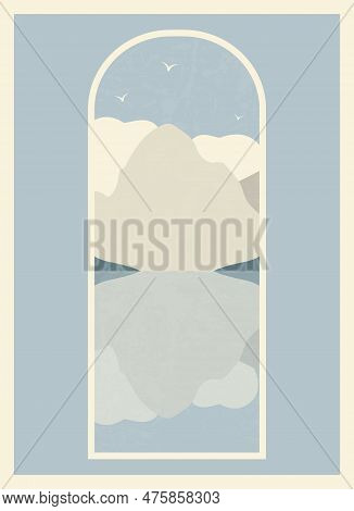 Minimalistic Mountains Landscape View Illustration Poster. Mid Century Modern Vector Illustration Wi