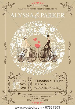 Wedding invitation.Wreath,Bride,groom,retro bicycle,icons