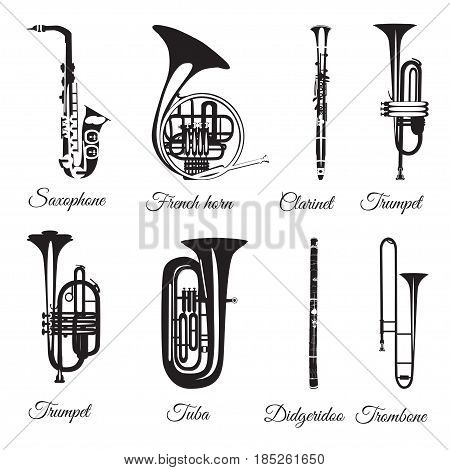 Vector set of wind musical instruments. Saxophone, clarinet, trumpet, trombone, tuba, french horn and didgeridoo isolated on white background. Black and white musical instruments, flat style.