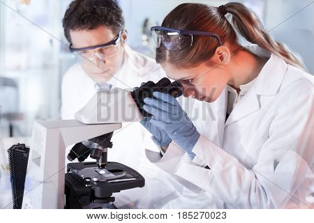 Life scientists researching in laboratory. Attractive female young scientist and her post doctoral supervisor microscoping in their working environment. Healthcare and biotechnology.