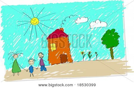 Vector illustration of childlike drawing of happy family in front of their home.