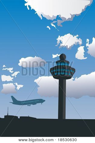 Vector illustration of airport control tower and flying airplane