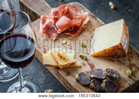 Platter With Spanish Ham Jamon Serrano Or Italian Prosciutto Crudo, Sliced Italian Hard Cheese Pecor