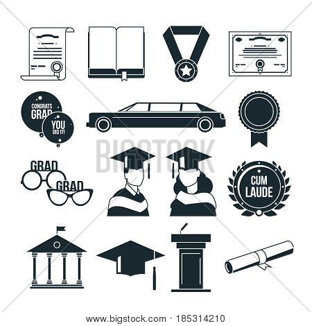 Students graduation party in monochrome style. Black vector icons set. University or college graduate, certificate graduation illustration