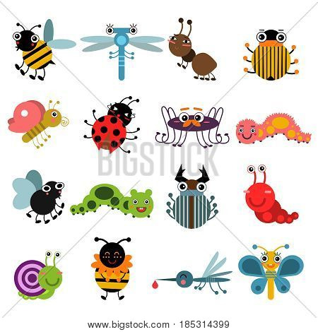 Cartoon bugs and insects. Vector illustration set isolate on white background. Insects collection bee and butterfly, characters spider and ant insects