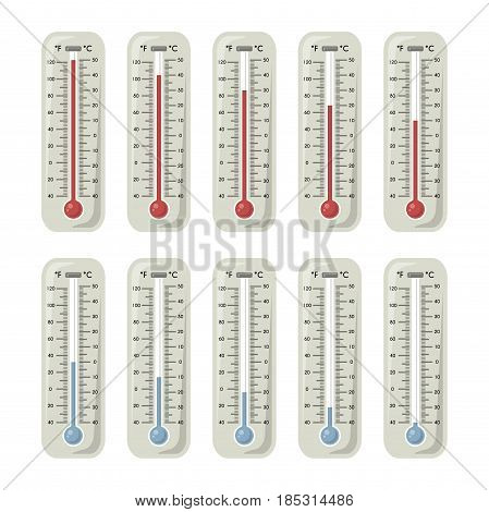 Thermometers with different temperature on them. Vector illustration. Set of thermometer measurement, degree thermometer for meteorology fahrenheit and celsius