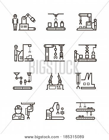 Robotic manufacturing assembly lines and automatic conveyor with manipulators line vector icons. Automatic production machine in work process, illustration of factory machine manufacturing