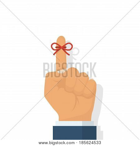 Reminder icon. Forefinger with red ribbon. Important symbol. Vector illustration flat design. Isolated on white background. Important symbol. Forgetfulness.