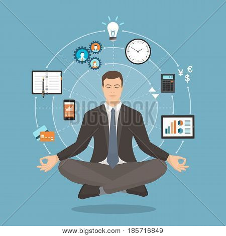 Businessman practicing mindfulness meditation he is clearing his mind releasing stress and expressing his potential; yoga and self consciousness concept