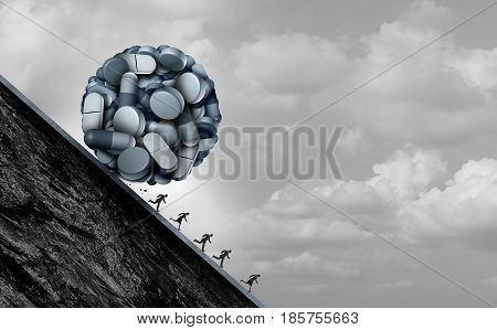 Opioid crisis and prescription painkiller addiction epidemic concept as a group of people running away from dangerous pills as a medical addict problem with 3D illustration elements.