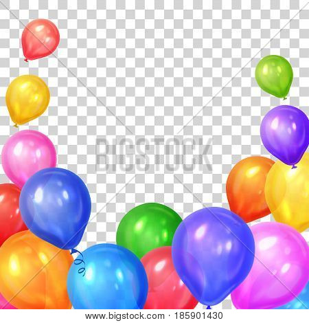 Border of realistic colorful helium balloons isolated on transparent background. Party decoration frame for birthday anniversary celebration. Vector illustration