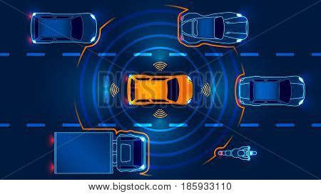 Autonomous smart car goes on the road in traffic. Scans the road, observe the distance. Future concept.