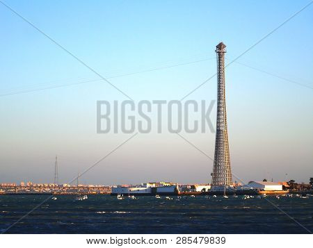 Electric Tower In The Bay Of Cadiz Capital, Andalusia. Spain. Europe