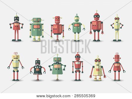 Retro Vintage Funny Vector Robot Set Icon In Flat Style Isolated On Grey Background. Vintage Illustr