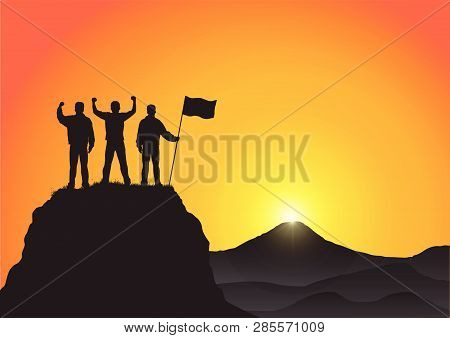 Silhouette Of Three Young Men Standing On Top Of The Mountain With Fists Raised Up And Holding Flag 