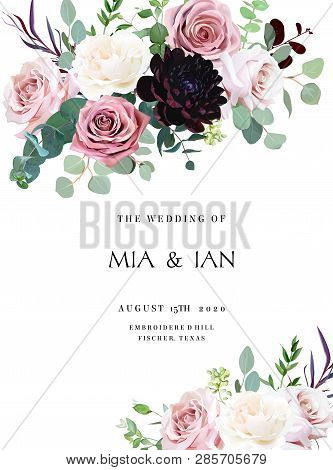 Dusty Pink, Creamy White Antique Rose, Pale Flowers Vector Design Wedding Frame. Eucalyptus, Dark Bu