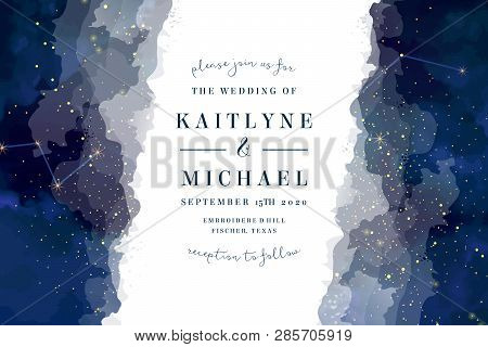 Magic Night Dark Blue Sky With Sparkling Stars Vector Wedding Invite Card. Andromeda Galaxy.gold Gli