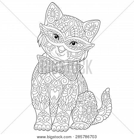 Coloring Page. Coloring Book. Anti Stress Colouring Picture With Cat. Freehand Sketch Drawing With D