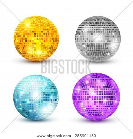 Disco Ball Isolated Set Illustration. Night Club Party Light Element. Bright Mirror Golden Ball Desi