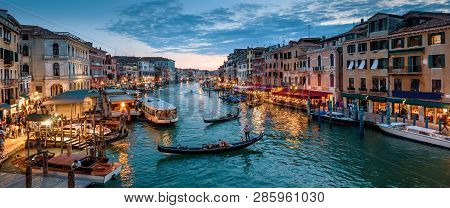 Panorama Of Venice At Night, Italy. Beautiful Cityscape Of Venice In Evening. Panoramic View Of Gran