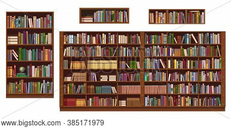 Book Shelves And Bookcase Of Library Or Bookstore, Vector Education. Bookshelf Isolted Objects With 