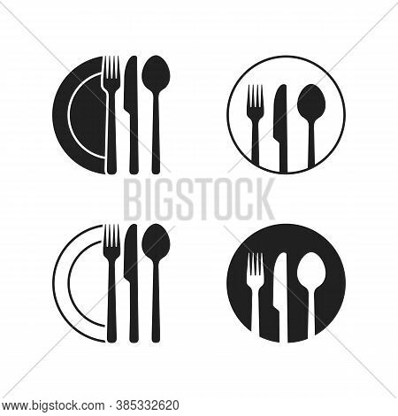 Plate Fork Knife And Spoon Icon Set. Vector Illustration Designed As A Logo Of The Restaurant. Black