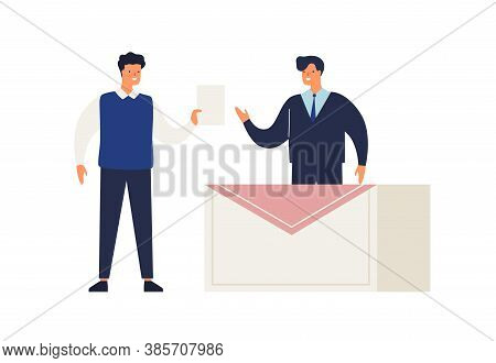 Male Elector Give Ballot Or Voting Choosing Candidate At Polling Place Vector Flat Illustration. Man