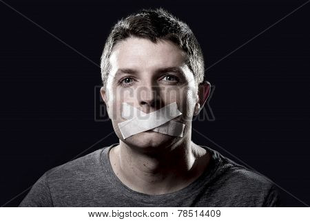 Young Censored Man Mouth Sealed On Tape To Prevent Free Speaking