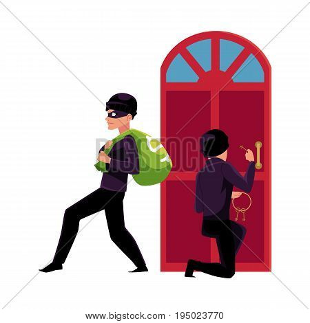 Thief, burglar, robber breaking in house, walking away with money bag, cartoon vector illustration isolated on white background. Burglar, robber, thief breaking into house, going away with money