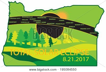 2017 Total Solar Eclipse Path across Oregon State cities map color illustration