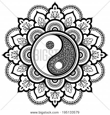 Vector henna tatoo mandala. Yin-yang decorative symbol. Mehndi style. Decorative pattern in oriental style. Coloring book page.