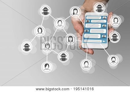 Chatbot concept with instant messenger displayed on smart phone