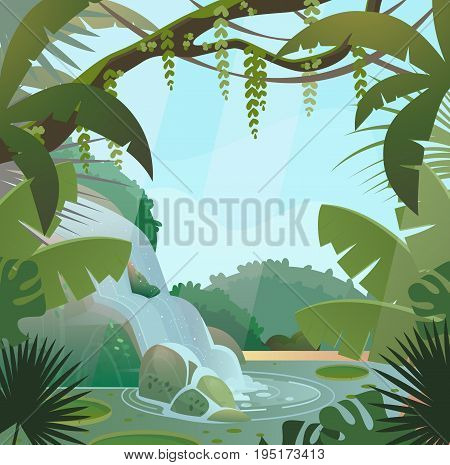 Tropical jungle landscape with waterfall and trees, rocks and sky. Green palm wood or forest with wild nature and bush foliage, waterfall stream or current at lake and shrubs. Rainforest flora theme